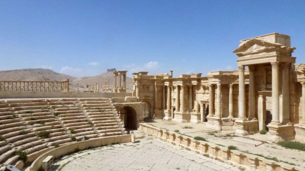 A general view taken on March 27, 2016 shows the theatre in the ancient Syrian city of Palmyra, after government troops recaptured the UNESCO world heritage site from Islamic State (IS) group jihadists on March 27, 2016.