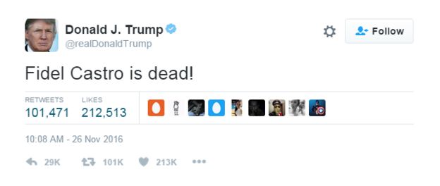 Donald Trump Twitter con el mensaje: ¡Fidel Castro está muerto!