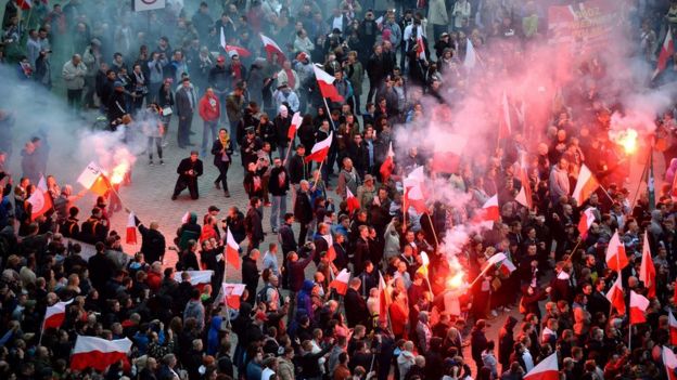 Radical right-wing anti-migrant protest in Warsaw. 12 Sept 2015