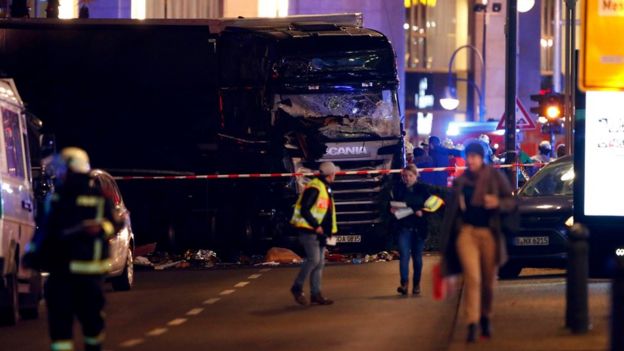 A truck is seen near the Christmas market in Berlin, Germany December 19, 2016