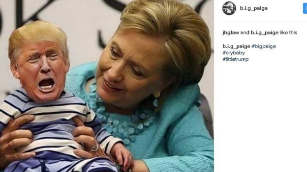 希拉里在哄一個嬰兒，而嬰兒的頭用電腦修改成特朗普的臉