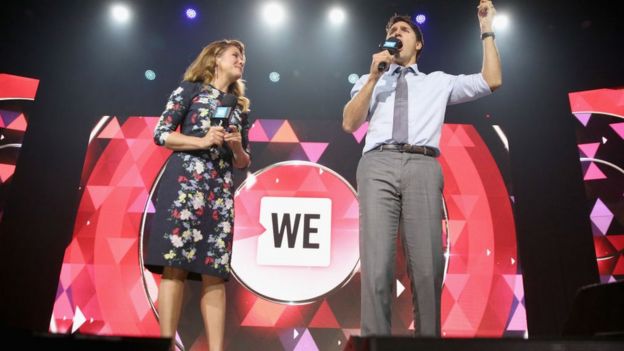 Sophie Gregoire Trudeau and Prime Minister Justin Trudeau appear at a WE Day UN event in New York in 2017