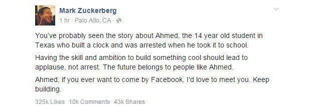 Mark Zuckerberg wrote on Facebook: 