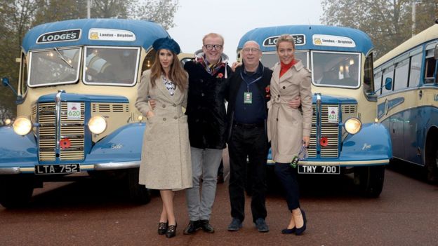 Alex Jones, Chris Evans, Ken Bruce and Natalie Lowe in front of 1950s buses