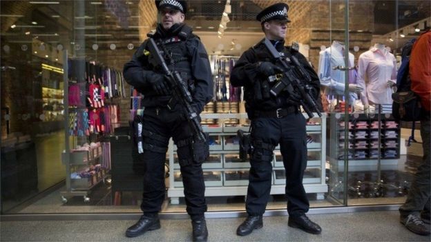Armed police at St Pancras station, London