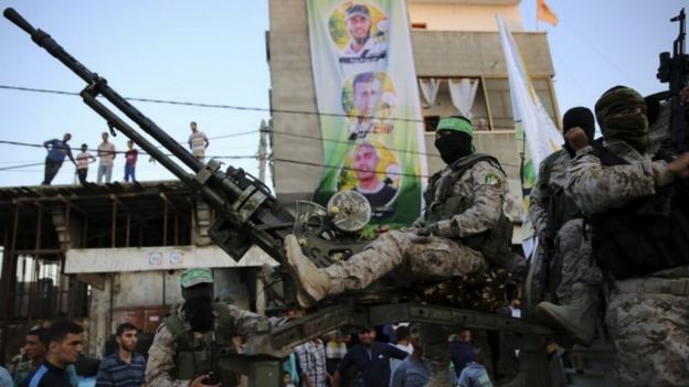 Members of Hamas’ Izzedine al-Qassam Brigades in Rafah refugee camp in Gaza (Aug 2016)