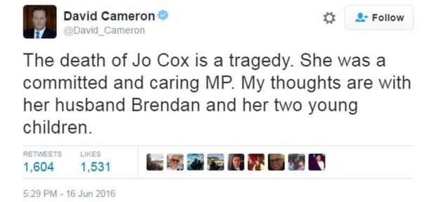 The death of Jo Cox is a tragedy. She was a committed and caring MP. My thoughts are with her husband Brendan and her two young children.