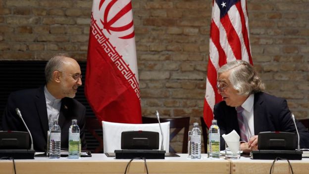 US Secretary of Energy Ernest Moniz (R) and Head of the Iranian Atomic Energy Organization Ali Akbar Salehi (L) meet in Vienna, Austria, July 9, 2015.