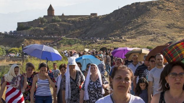 Armenians wait to see Pope at the Khor Virap monastery, Armenia. 26 June 2016