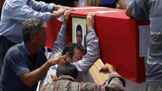 Relatives weep over the coffin of police officer Isa Ipek killed in a PKK attack 31/07/2015