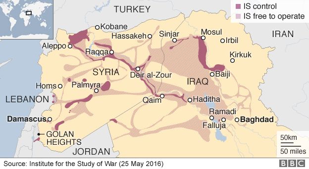 Map showing areas of Iraq and Syria under IS control