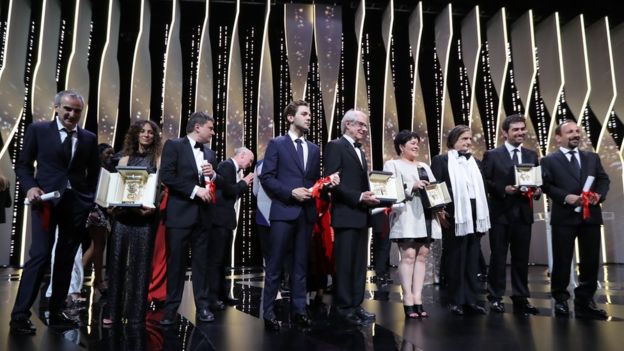 Cannes award winners on stage at the closing ceremony of the 69th staging of the film festival