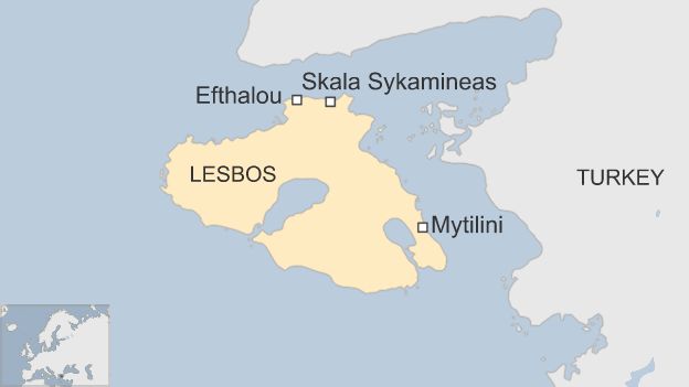 Map of Lesbos with Efthalou and Skala Sykamineas highlighted