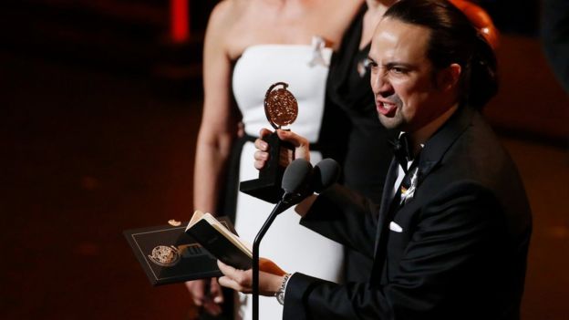 Lin-Manuel Miranda of Hamilton accepts the award for Best Original Score during the annual Tony Awards in New York on 12 June