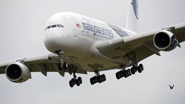 A Malaysian Airlines Airbus A380 at the Farnborough air show, July 2012