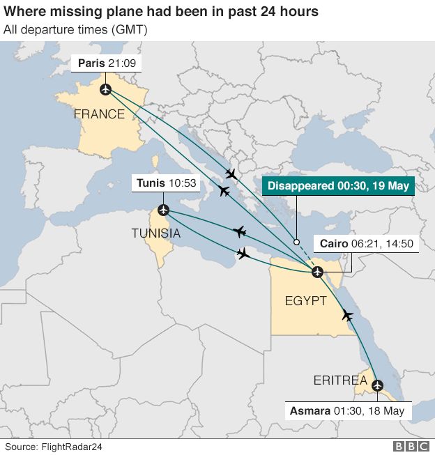Map showing whe-re the missing plane had been in the previous 24 hours