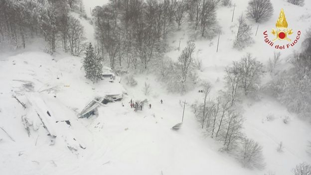An almost completely white snowscape is broken only by a few building beams poking from a large snow mound, and a handful of figures standing nearby