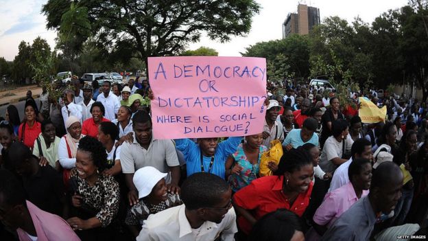 A crowd protesting over pay in Gaborone, Botswana