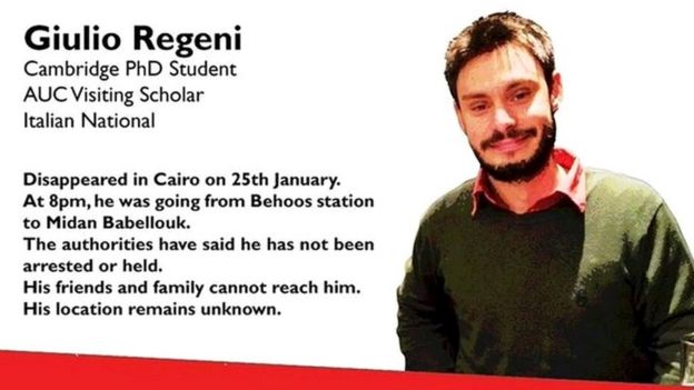 Poster after disappearance of Giulio Regeni in January 2016