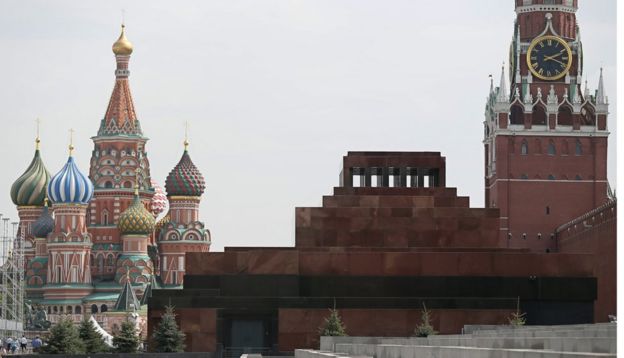 The Lenin mausoleum on Red Square with St Basil's Cathedral in the background