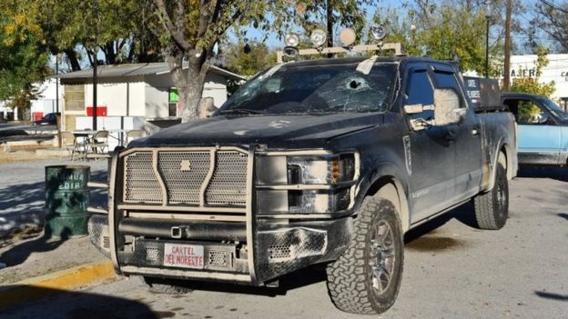 A bullet-riddled pick-up truck is pictured after clashes sparked by suspected cartel gunmen in a northern Mexican town that killed 20 people this weekend, in Villa Union, Coahuila state