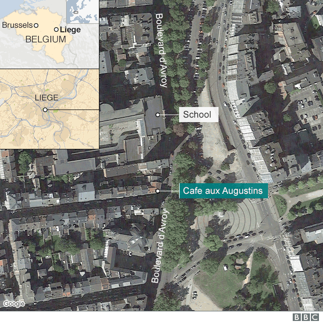 A map showing the site of a shooting in Belgium