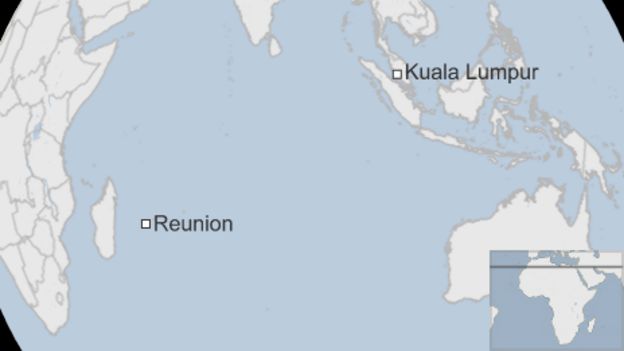 A map showing Reunion in the Indian Ocean and Kuala Lumpur