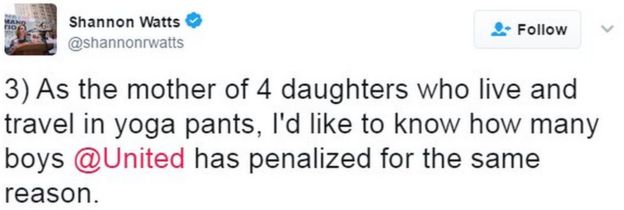 Tweet from Shannon Watts reads: 3) As the mother of 4 daughters who live and travel in yoga pants, I'd like to know how many boys @United has penalized for the same reason.