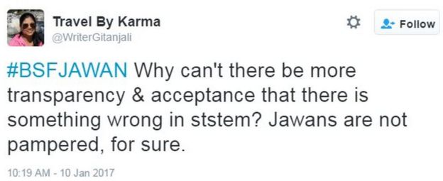 #BSFJAWAN Why can't there be more transparency & acceptance that there is something wrong in ststem? Jawans are not pampered, for sure.