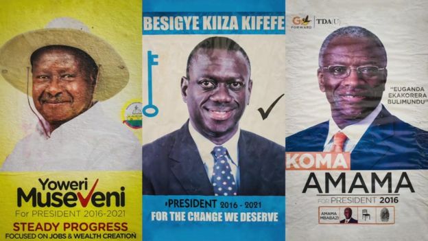 Posters of Uganda's three main presidential candidates