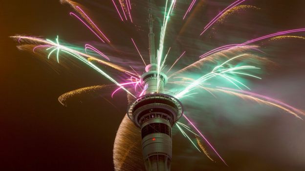 Firework display from the top of the Sky Tower to welcome the New Year on January 1, 2015 in Auckland, New Zealand.