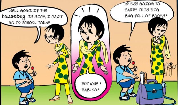 Comic showing Gogi speaking to a young boy. The boy says: