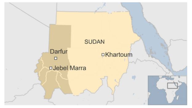 A map pinpointing where Jebel Marra is in Sudan