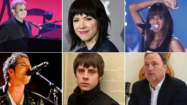 Clockwise from top left: Sir Elton John, Carly Rae Jepsen, Shaznay Lewis, Edgar Berger, Jake Bugg, James Morrison