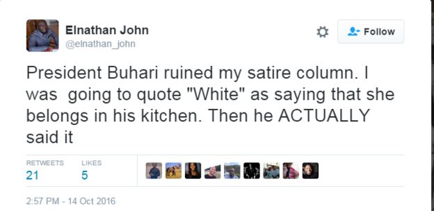 Tweet of prominent writer saying President Buhari ruined by satire column.