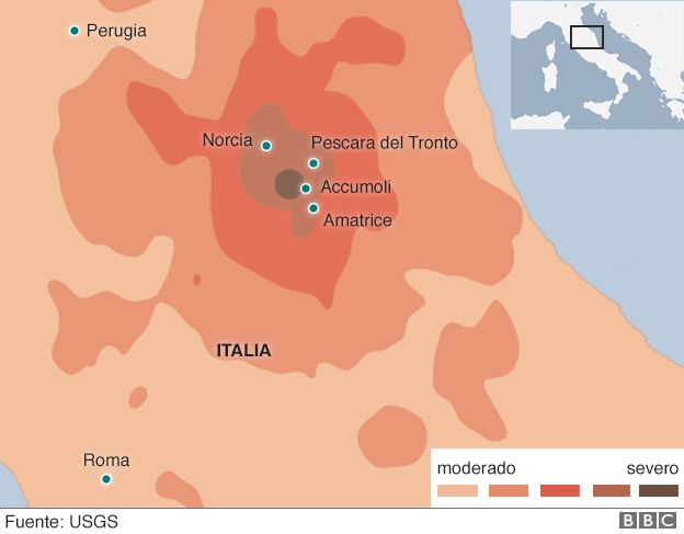 Mapa con la ubicación del terremoto del 24 de agosto de 2016 en italia