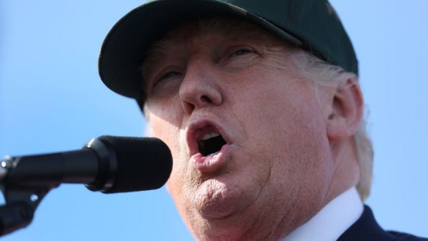 Republican presidential candidate Donald Trump speaks during a campaign rally at the Million Air Orlando in Sanford, Florida.