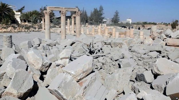 Rubble at the site of the Temple of Baalshamin in Palmyra (photo released 25 August 2015 on a social media site used by IS militants)