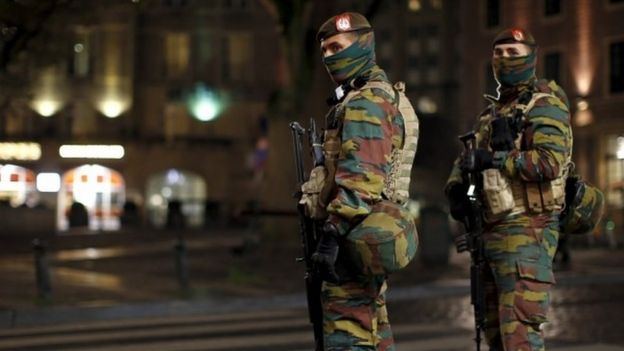 Soldiers patrol Brussels, which is currently on its highest security alert level