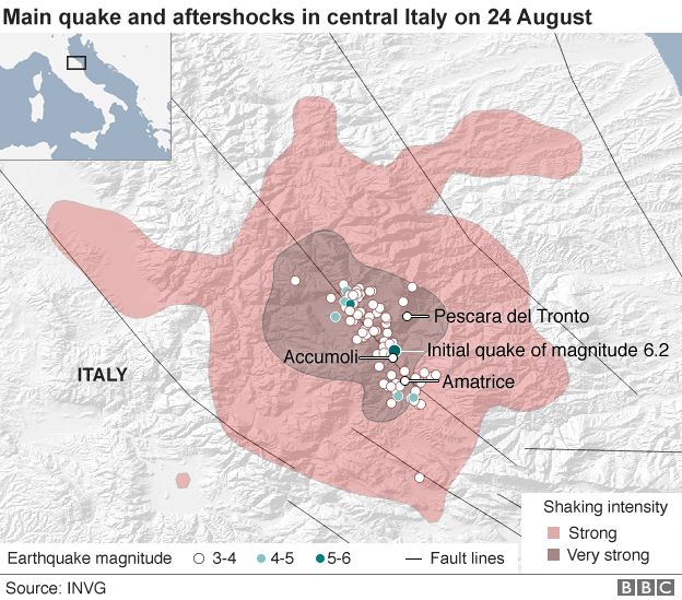 Map showing the earthquake and its aftershocks in central Italy - 24 August 2016