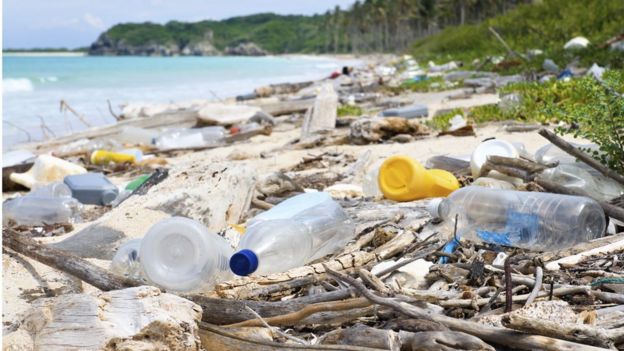 Imagem mostra praia poluida com garrafa e outros materiais de plástico