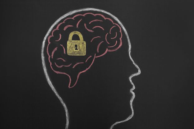 picture of head and brain inside, with padlock drawn on brain