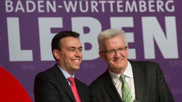 Nils Schmid (L), top SPD candidate for state elections in Baden-Wuerttemberg, and Winfried Kretschmann, top candidate of the Greens and current state premier in campaign event in Karlsruhe - 9 March
