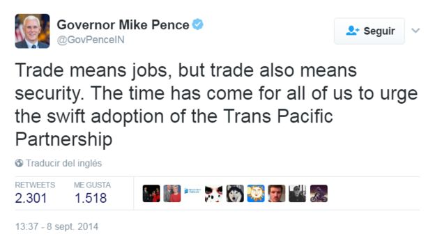 Tuit de Mike Pence sobre el TPP