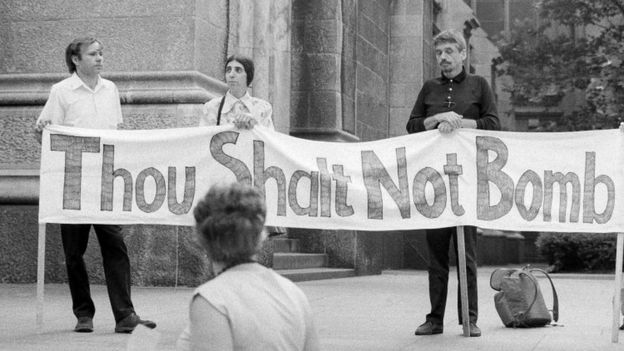 Daniel Berrigan and friends hold a fast and vigil to protest against the bombing of Cambodia on the steps of St. Patrick's Cathedral in New York City (July 1973)