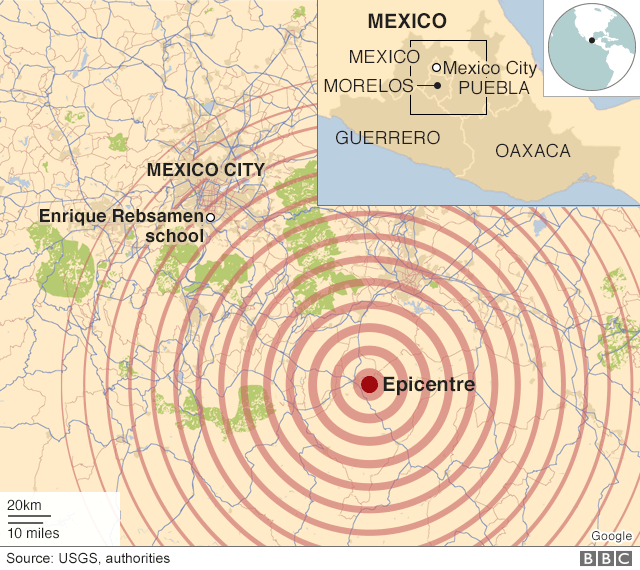 A map shows the extent of the earthquake's reach in central Mexico