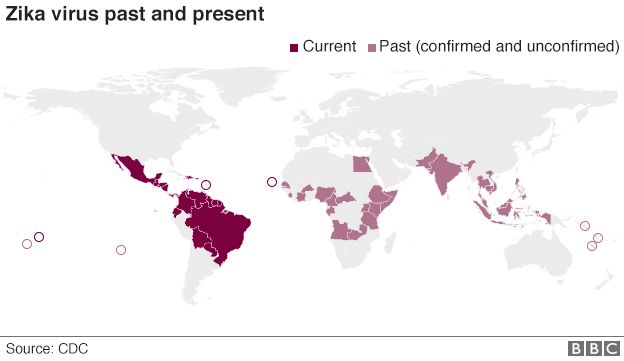 World map showing past and present cases of Zika virus