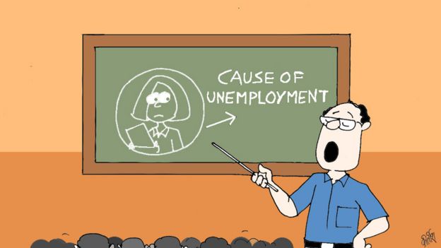 Cartoon of teacher saying women cause unemployment