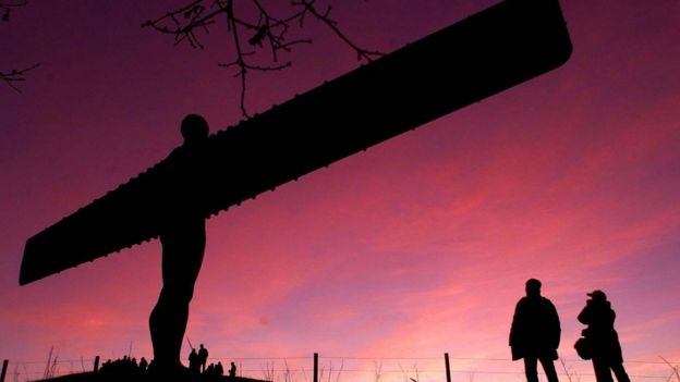 The sun sets over the Angel of the North in Gateshead, Tyne and Wear