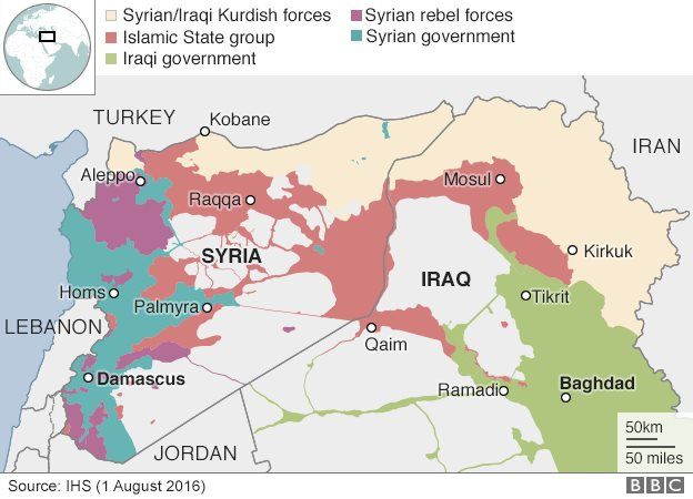 Map of Syria and Iraq showing control by state and non-state armed groups